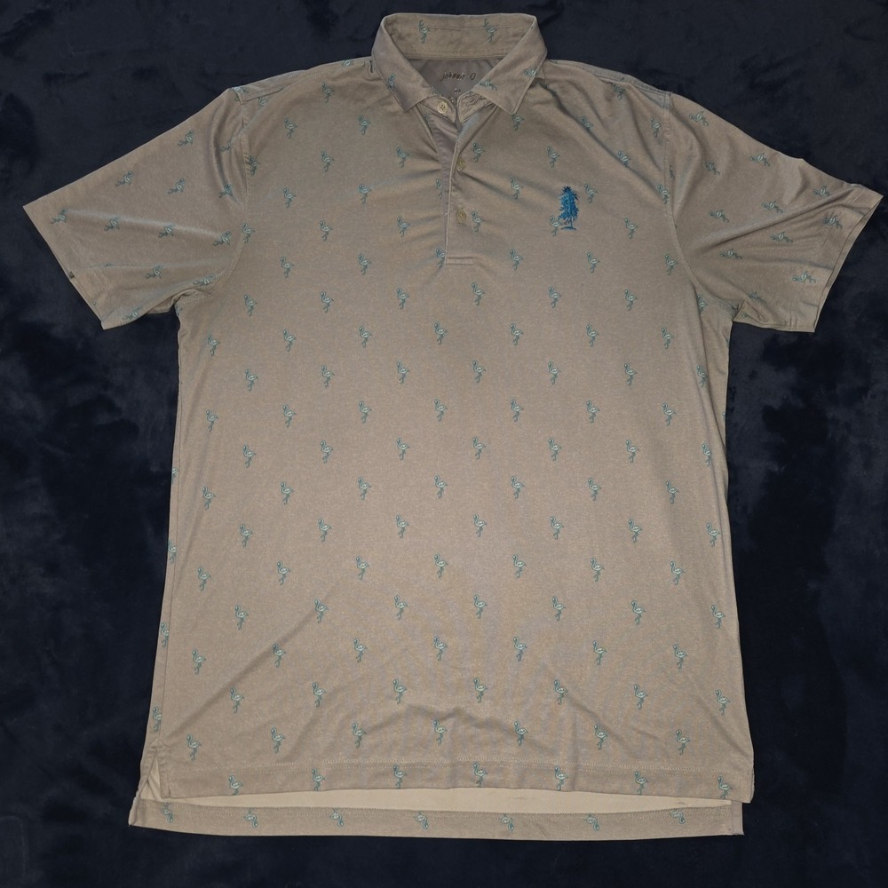 Johnnie O Seal All Over Flamingo Print Polo Shirt With Redwood Tree Size Medium
